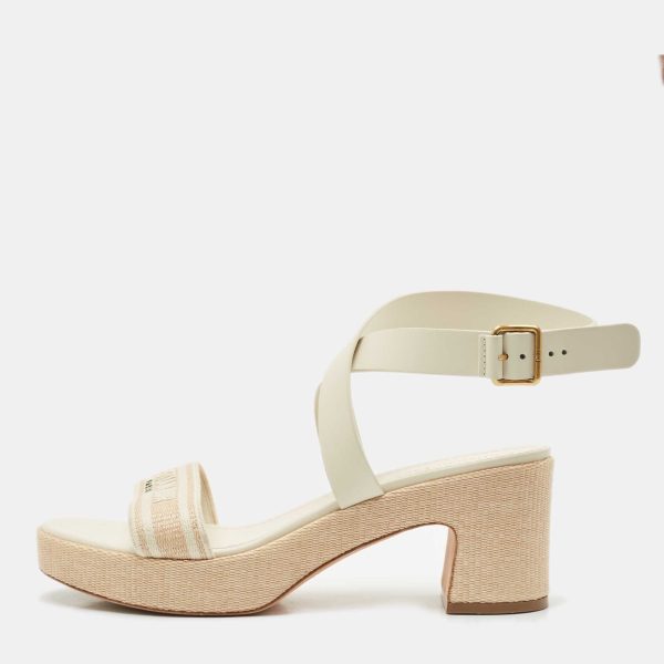 Dior Grey/Beige Leather and Canvas Dway Block Heel Ankle Strap Sandals Size 41