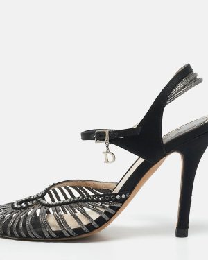 Dior Grey/Black Leather and Satin Crystal Embellished Strappy Sandals Size 37