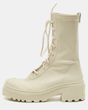 Dior Off White Leather D-Major Lace Up Combat Boots Size 38