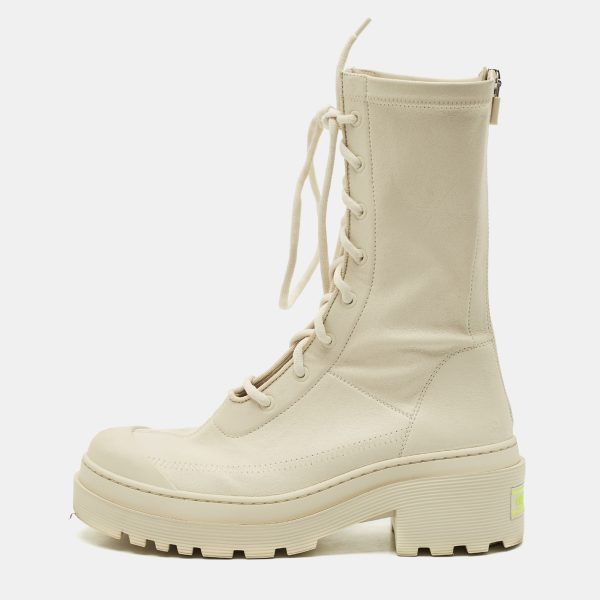 Dior Off White Leather D-Major Lace Up Combat Boots Size 38