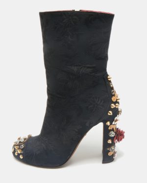 Dolce & Gabbana Black Brocade Fabric Crystal Embellished Ankle Length Boots Size 38