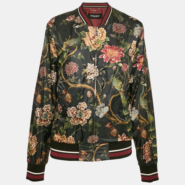 Dolce & Gabbana Black Floral Print Synthetic Bomber Jacket L