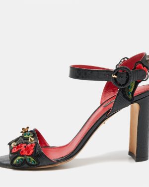 Dolce & Gabbana Black Lizard Embossed Carnation Heeled Sandals Size 40