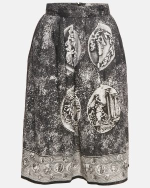 Dolce & Gabbana Black Printed Linen Pleated Midi Skirt S