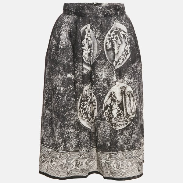 Dolce & Gabbana Black Printed Linen Pleated Midi Skirt S