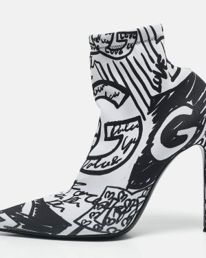 Dolce & Gabbana Black/White Stretch Knit Graffiti Sock Ankle Length Boots Size 39
