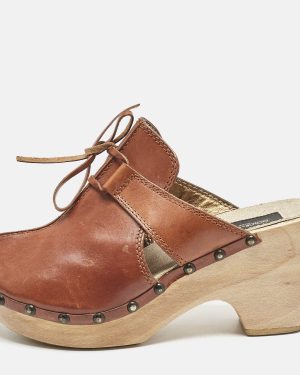 Dolce & Gabbana Brown Leather Bow Wooden Clogs Size 39