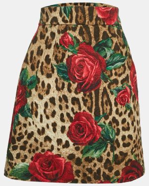 Dolce & Gabbana Brown Leopard and Rose Print Jacquard Mini Skirt S