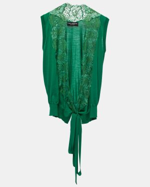 Dolce & Gabbana Green Wool & Lace Trimmed Sleeveless Wrap Top L