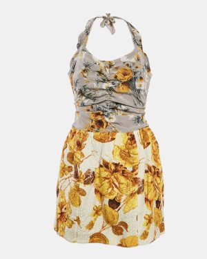 Dolce & Gabbana Grey/Yellow Floral Print Jacquard and Crepe Halter Neck Dress M