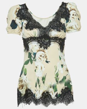 Dolce & Gabbana Pink Floral Printed Crepe & Lace Trim Blouse XS