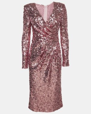 Dolce & Gabbana Pink Metallic Sequin Mesh Draped Midi Dress M