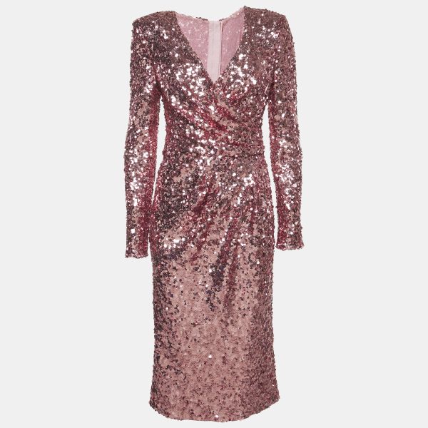 Dolce & Gabbana Pink Metallic Sequin Mesh Draped Midi Dress M
