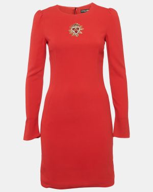 Dolce & Gabbana Red Crepe Logo Embellished Long Sleeve Mini Dress S