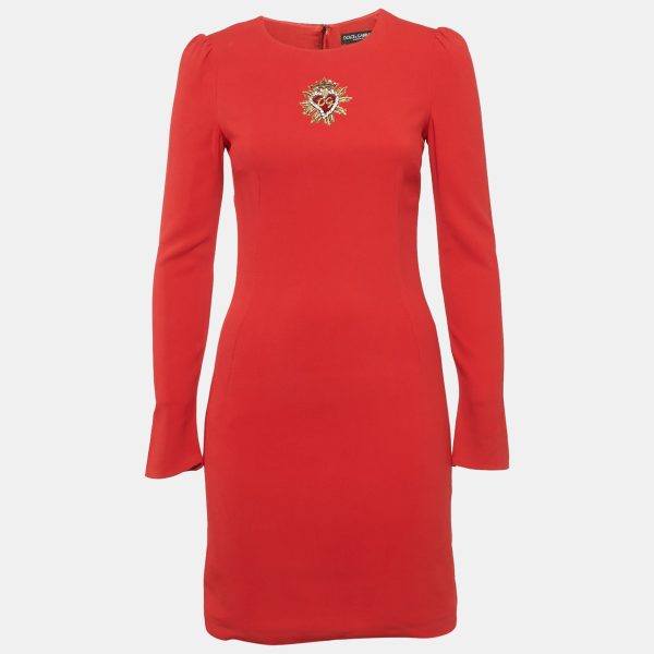 Dolce & Gabbana Red Crepe Logo Embellished Long Sleeve Mini Dress S