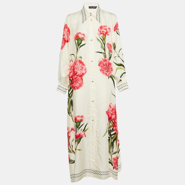 Dolce & Gabbana White Floral Print Silk Button Up Maxi Dress M