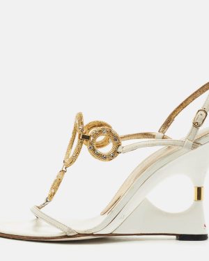 Dolce & Gabbana White Leather Crystal Embellished Wedge Sandals Size 38