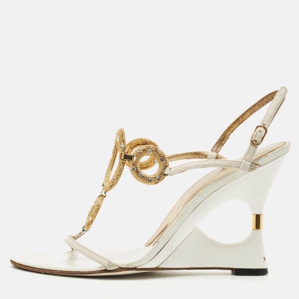 Dolce & Gabbana White Leather Crystal Embellished Wedge Sandals Size 38