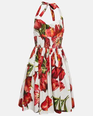 Dolce & Gabbana White and Red Tulip Print Cotton Halter Neck Short Dress XL