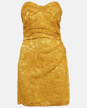 Dolce & Gabbana Yellow Lace Draped Strapless Mini Dress M