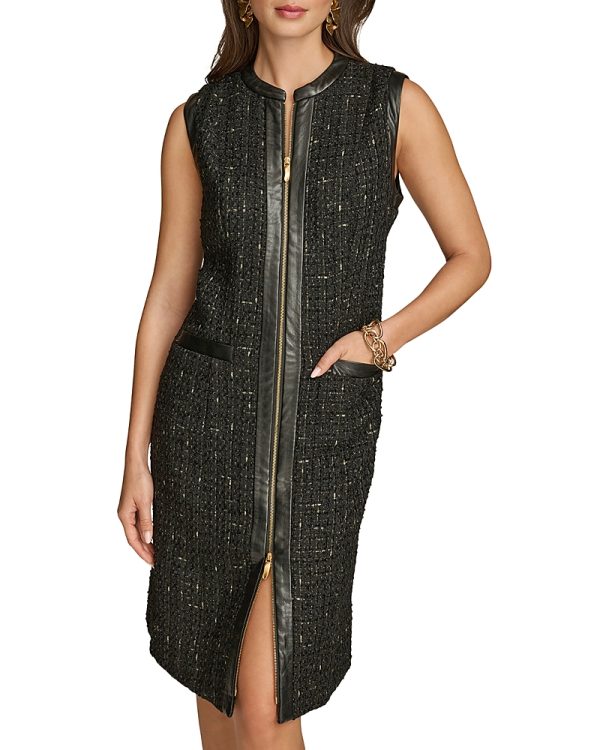 Donna Karan Faux Leather Tweed Shift Dress
