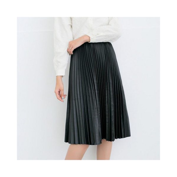 Donna New 2017 Women Black Faux Leather Skirt Knee-Length Vintage High Waist A-Line Pleated Skirt Female PU Midi Skirts B1091S