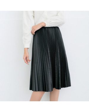 Donna New 2017 Women Black Faux Leather Skirt Knee-Length Vintage High Waist A-Line Pleated Skirt Female PU Midi Skirts B1091S