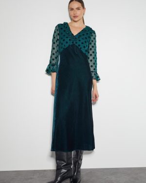 Dora Polka Dot Velvet Midi Dress Teal