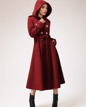 Double-breasted Woolen Coat With Hood Burgundy Belted Winter Long Outerwear For Women 2025