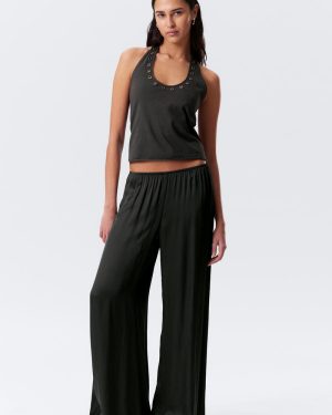 Draped Wide-Leg Satin Trousers