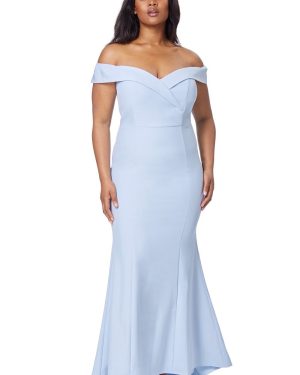 Draya Bardot Maxi Dress With Train, UK 18 / US 14 / EU 46 / Powder Blue