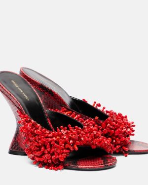 Dries Van Noten Beaded snake-print leather wedge mules