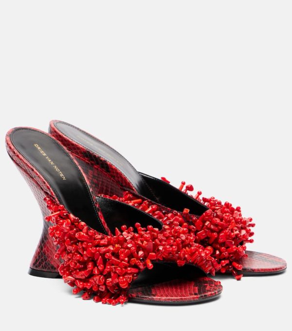 Dries Van Noten Beaded snake-print leather wedge mules