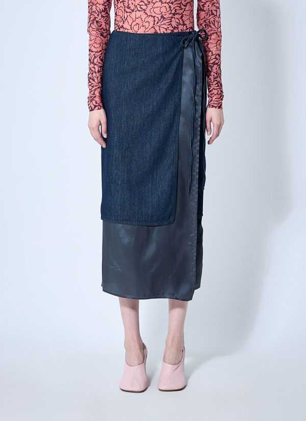 Dries Van Noten Denim And Satin Wrap Skirt - Woman Skirts Navy Fr - 36