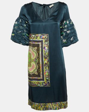 Dries van Noten Dark Green Printed Silk Shift Dress S