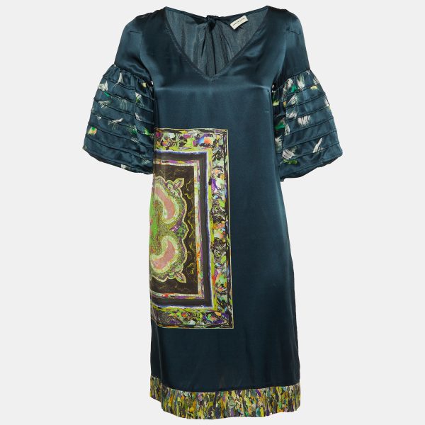 Dries van Noten Dark Green Printed Silk Shift Dress S