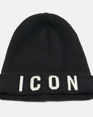 Dsquared2 Black Icon Embroidered Wool Rib Knit Beanie