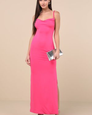 Dynasty Hot Pink Slinky Knit Backless Maxi Dress