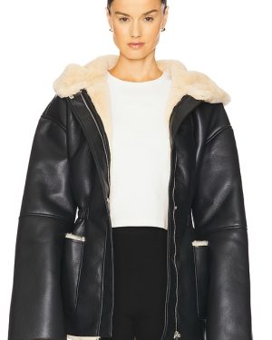 EAVES Santiago Faux Leather Coat in Black. Size M, S, XL, XXS.