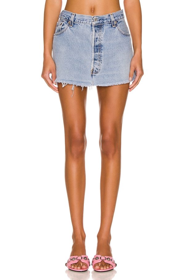 EB Denim Vintage Mini Skirt in Light - Denim-Light. Size L (also in S, XS).
