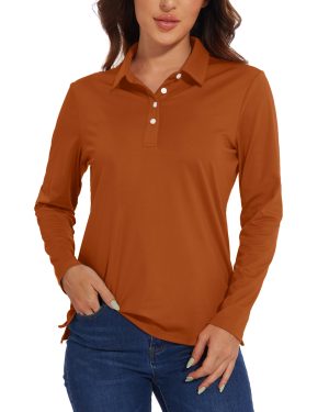 EKLENTSON Women's Long Sleeve Polo Shirts Quick Dry 50+ Top,Orange,XXL