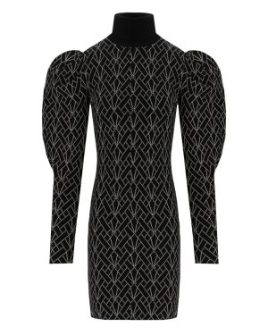 ELISABETTA FRANCHI BLACK AND GOLD MONOGRAM KNITTED DRESS