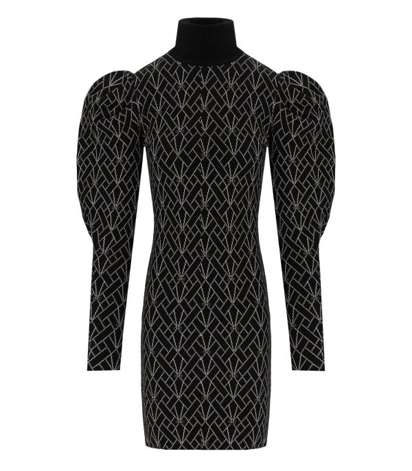 ELISABETTA FRANCHI BLACK AND GOLD MONOGRAM KNITTED DRESS