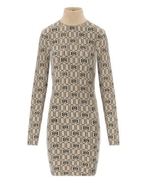 ELISABETTA FRANCHI CHAMPAGNE MONOGRAM KNITTED DRESS