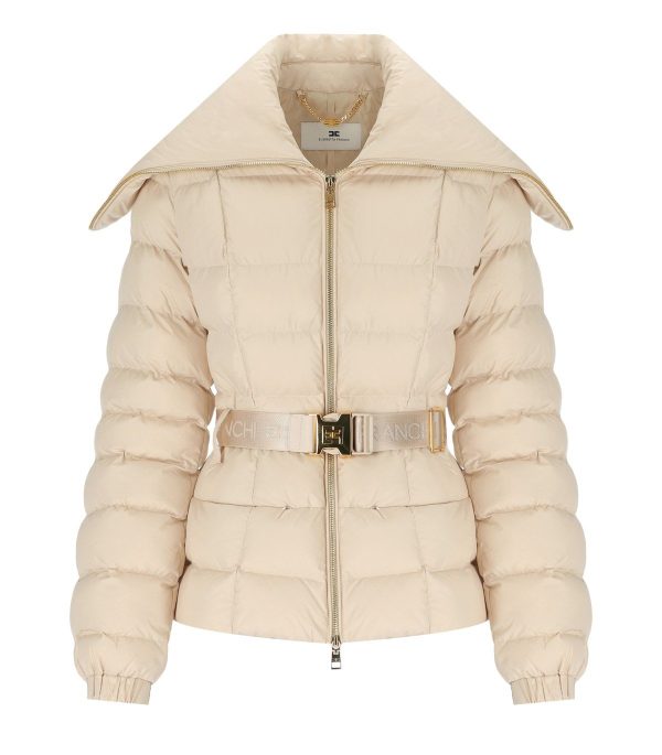 ELISABETTA FRANCHI CREAM BELTED PADDED JACKET