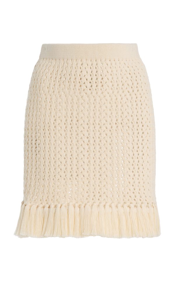 ESCVDO - Exclusive Espina Fringed Crocheted Cotton Mini Skirt - Ivory - L - Moda Operandi