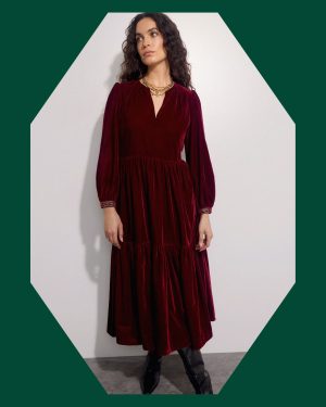 East Velvet Tiered Dress Red