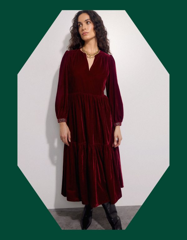 East Velvet Tiered Dress Red