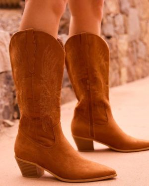 Eclipse Embroidered Detail Pointed Toe Mid Calf Western Cowboy Boot In Tan Brown Faux Suede, Women's Size UK 5