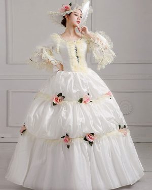 Ecru White Retro Tudor Dress Costumes Flowers Polyester Dress Women's Vintage Tunic Marie Antoinette Costume Vintage Clothing
